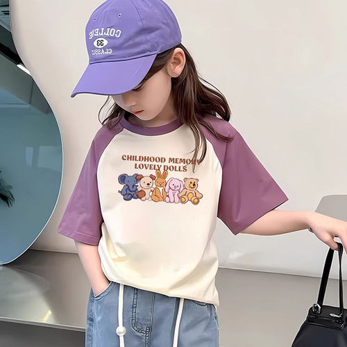 女童小熊紫色短袖T恤新款衣服儿童打底衫夏季中大童女孩纯棉体恤