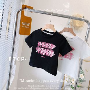 上衣半袖 韩国女童短袖 百搭高腰短款 T恤夏季 纯棉体恤 甜酷辣妹时尚