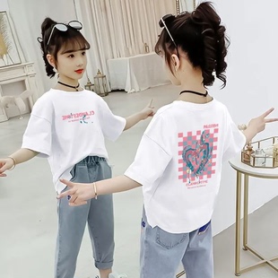韩版 女纯棉女童t恤新款 夏装 中大童短袖 洋气小女孩儿童宽松学生上