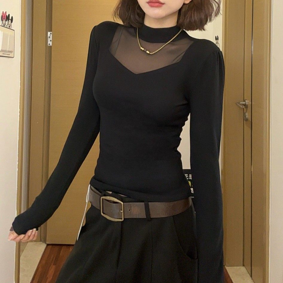 欧货洋气蕾丝拼接长袖t恤女2025秋冬加绒内搭气质高领打底衫上衣