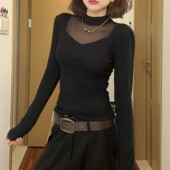 欧货洋气蕾丝拼接长袖 t恤女2025秋冬加绒内搭气质高领打底衫 上衣