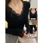 miu系蕾丝拼接v领T恤螺纹保暖打底衫 女早春纯欲内搭t恤正肩上衣