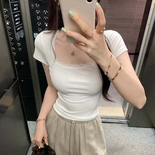 甜美蕾丝花边百搭方口领上衣女夏季韩系温柔慵懒风基础款短袖t恤
