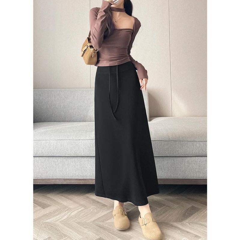 秋冬新款高腰直筒开叉松紧秋季灰色运动半身裙垂坠抽绳休闲裙子