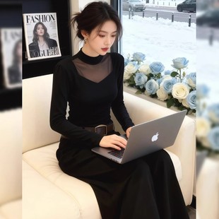 显瘦百搭小衫 时尚 修身 洋气新款 上衣 弹力螺纹网纱打底女士长袖