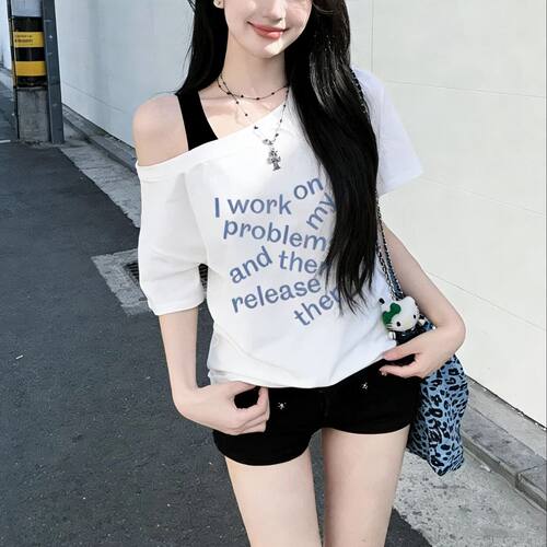 斜肩假两件短袖t恤女2026夏季新款高级感百搭宽松吊带字母上衣女