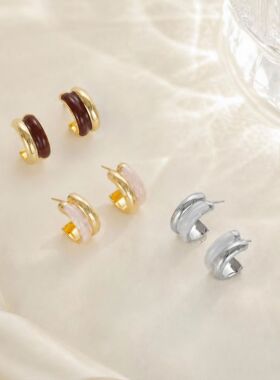 线形双色涂釉耳钉轻奢小众s925银针耳环个性百搭耳饰925纯银耳饰