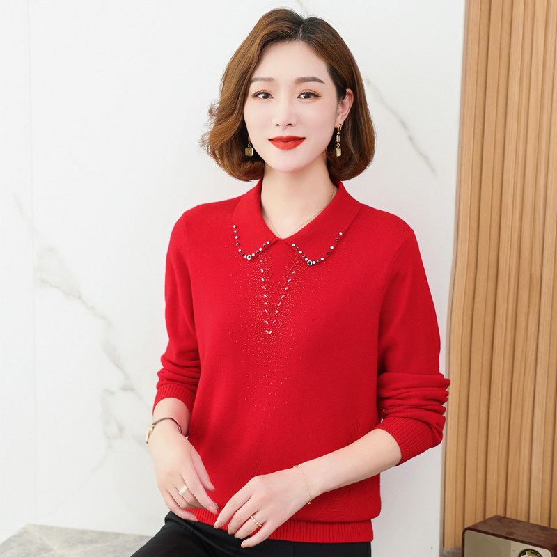 100%纯羊毛上衣女中年妈妈款冬季翻领烫钻中老年人春秋冬装打底衫