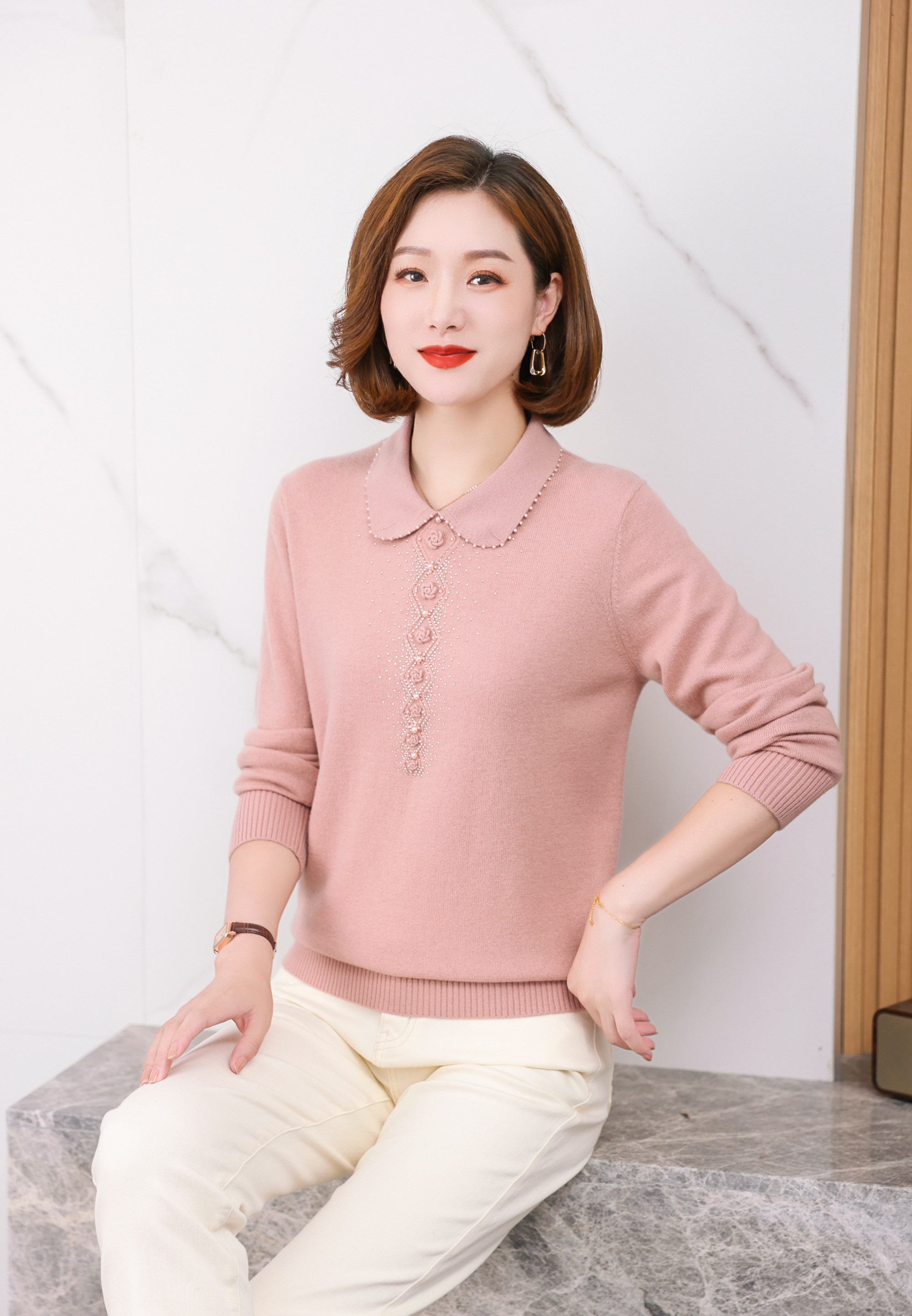 100%纯羊毛上衣女中年妈妈款秋装内搭毛衣中老年人春秋冬装打底衫