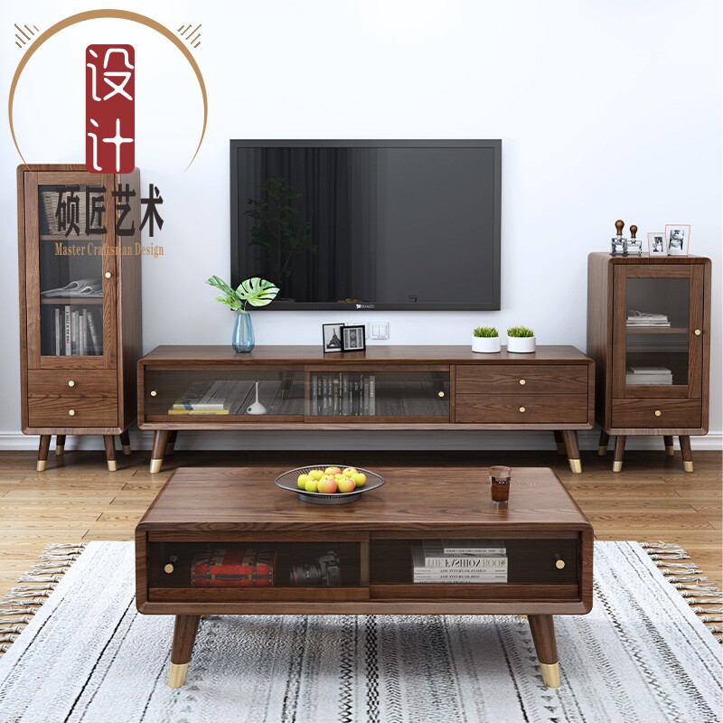 高端实木电视柜边柜高低柜北欧白蜡木立柜现代简约客厅酒柜储物柜