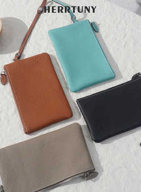 herrtuny头层牛皮超薄简约手拿包 真皮女钱袋手带长款钱包手机包