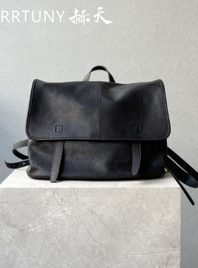 植鞣羊皮新款信使真皮双肩包大容量上班通勤笔记本包包横版复古