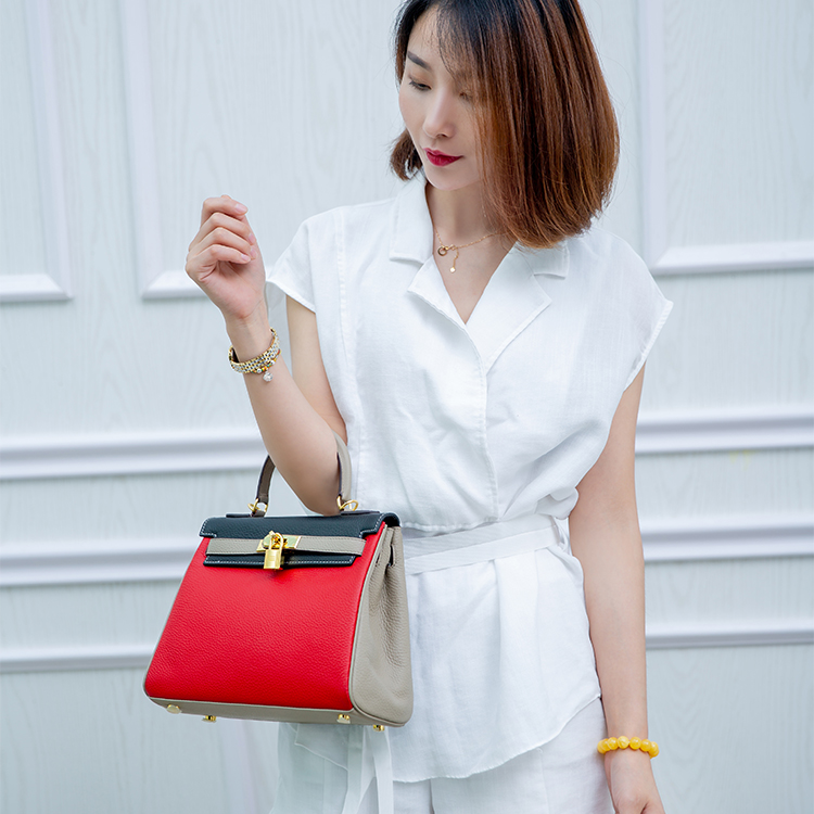 h家手提高级感togo皮凯莉包真皮女小牛皮女包大号二代mini撞色
