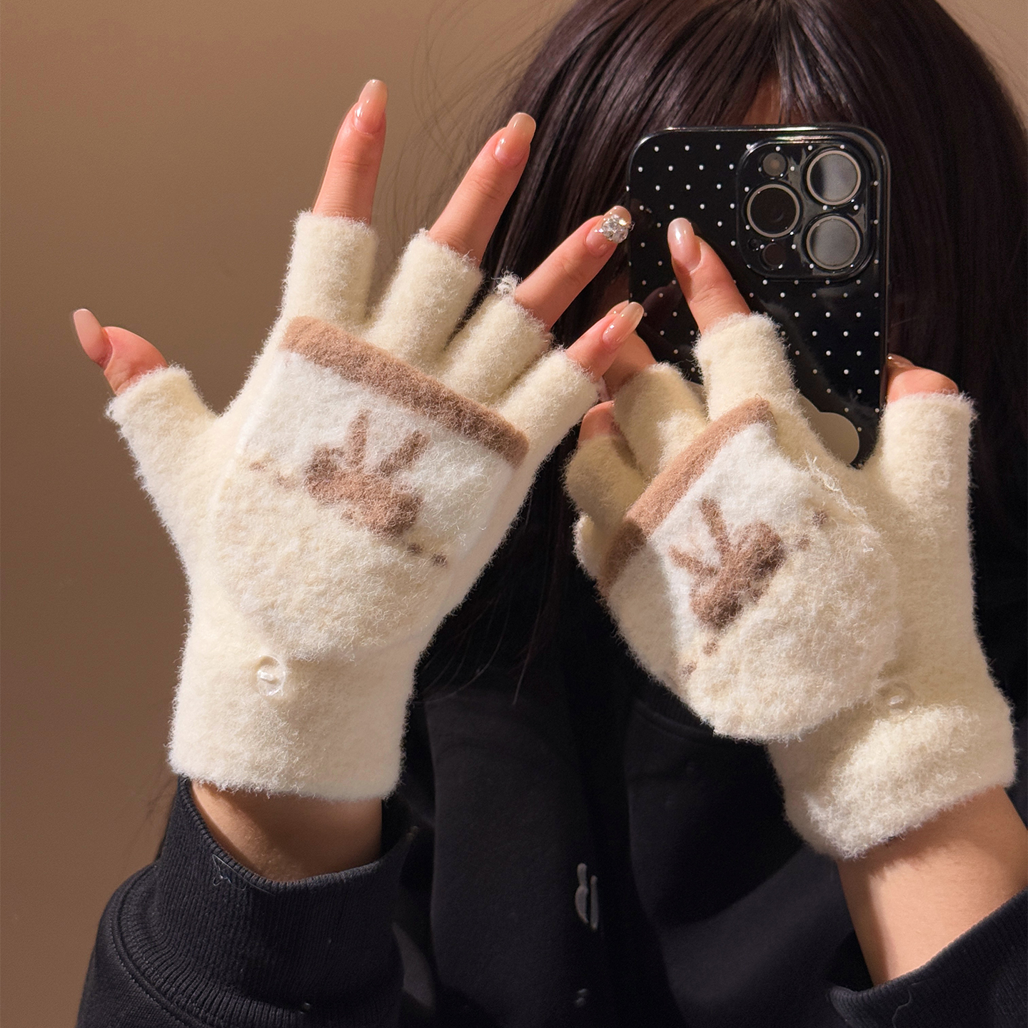 可爱蝴蝶结翻盖露指手套2025新款