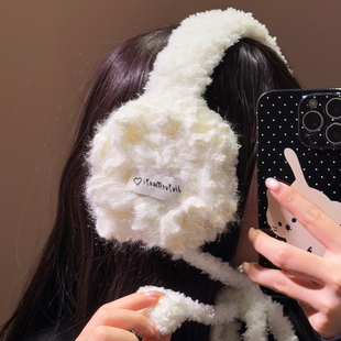 可爱白色雪花手工针织系带耳罩女冬季保暖防寒骑行护耳套耳包耳暖