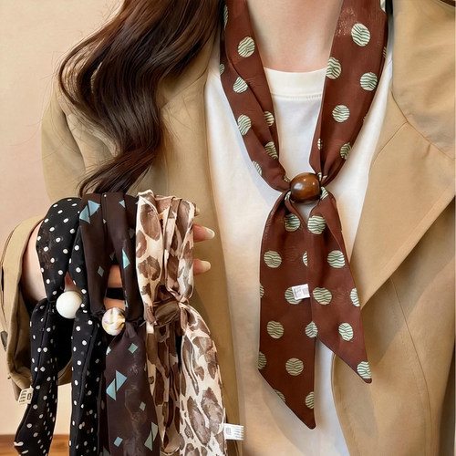 韩系棕色波点丝巾女复古高级感
