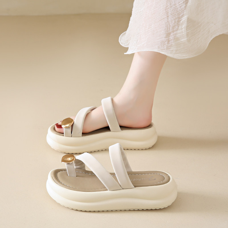 厚底增高一字带凉鞋女鞋2024新款夏季拖鞋脚宽鞋清新仙女风小码罗
