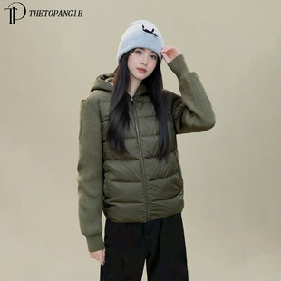 绿色连帽针织拼接排骨棉服外套女2025冬季新款设计感轻薄棉衣棉袄