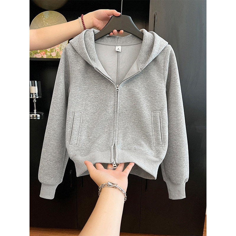 浅灰色重磅加绒卫衣外套女秋冬2026新款高级感小个子短版开襟外套