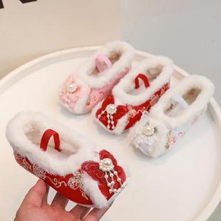 儿童古风高端汉服鞋加绒棉皮鞋女童绣花鞋新年中国风古装格格服鞋