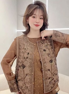 立领刺绣马甲女秋冬新款宽松百搭坎肩新中式国潮风减龄马夹女款潮
