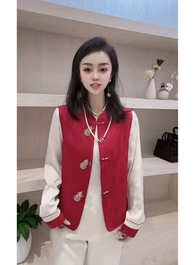 盘扣马甲女冬季新款宽松百搭马夹+小衫2件套红色招财葫芦减龄马夹