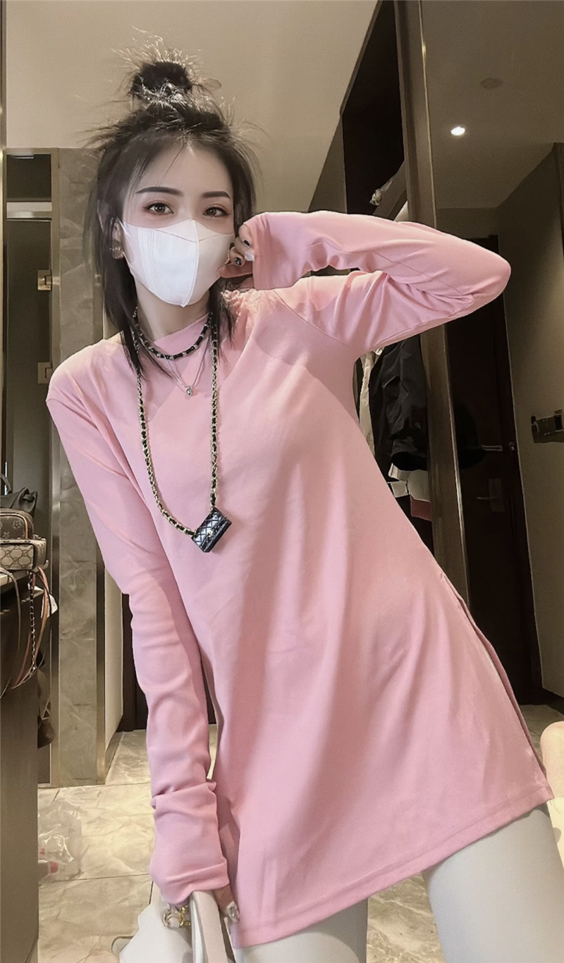 2025新款粉色中长款圆领打底衫侧开叉小衫小众长袖内搭T恤女衫潮