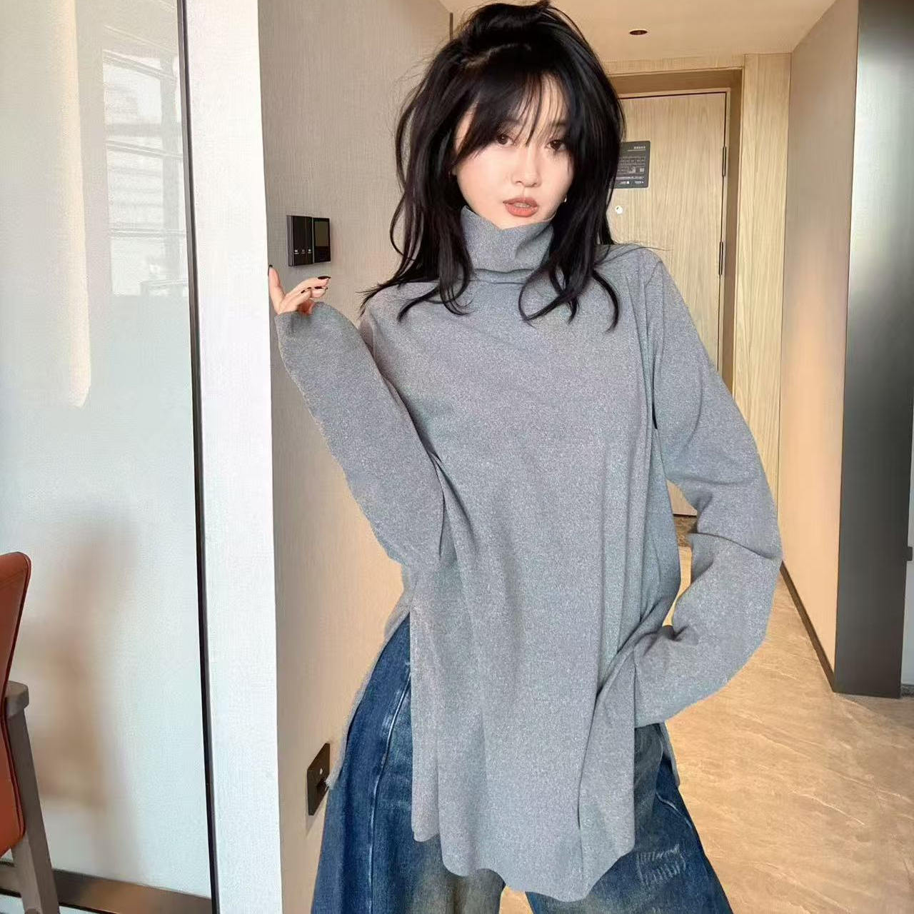 冬季新款t恤女宽松百搭高领打底衫中长款开叉大版休闲减龄体恤潮