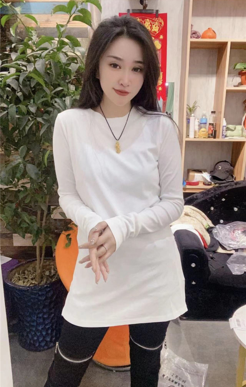 圆领中长款侧开叉打底衫韩版修身小众净版T恤休闲长袖小衫女衫潮