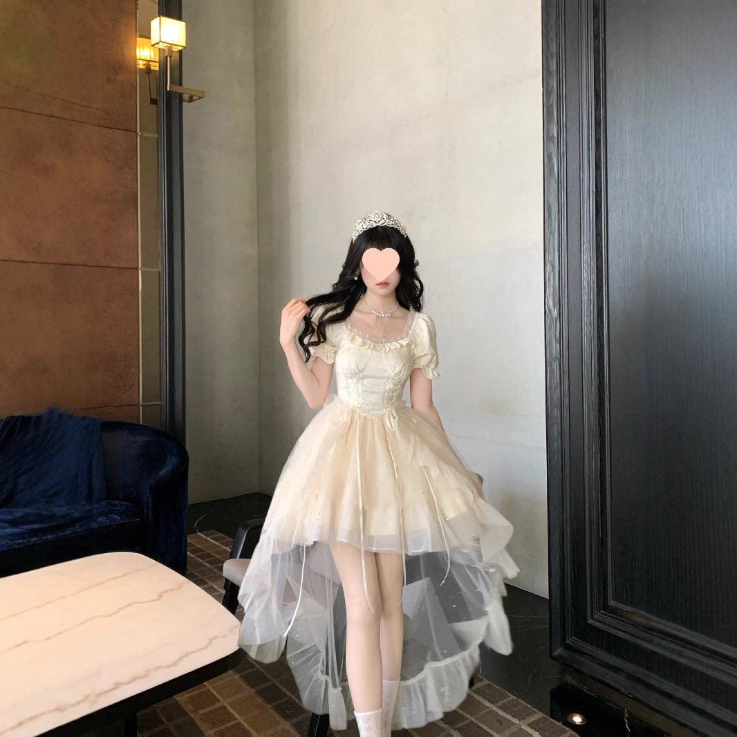 大蝴蝶结公主裙提花蓬蓬细闪拖尾连衣裙夏季法式设计感小众仙女裙