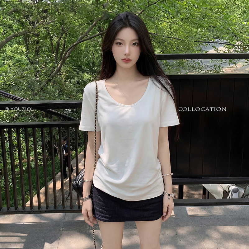 透气百搭正肩V领短袖白色大领口T恤女夏季爆款宽松显瘦慵懒风上衣
