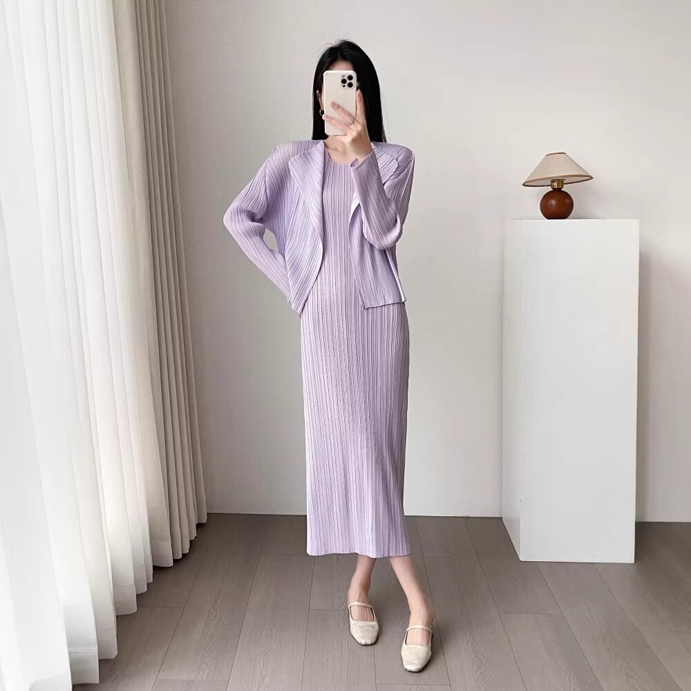 三宅褶皱套装女无袖中长款连衣裙+长袖空调衫开衫外套