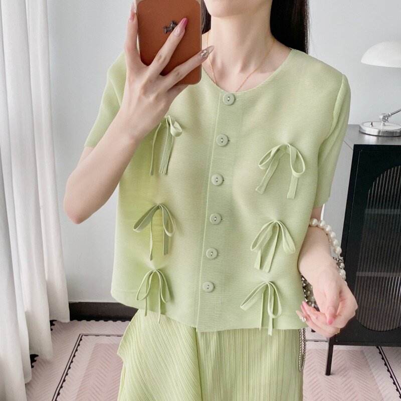 三宅褶皱蝴蝶结圆领短袖上衣2026新款设计感女装夏高级感开衫T恤
