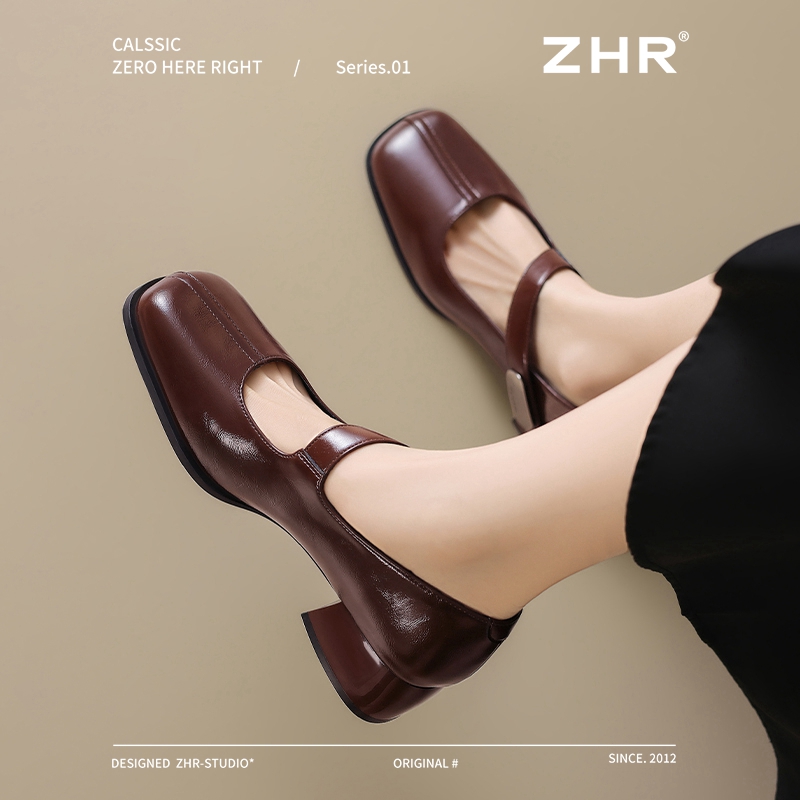 ZHR玛丽珍女款2025春季新款通勤粗跟气质单鞋复古法式方头小皮鞋