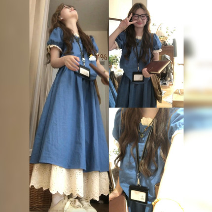 高级感蓝色连衣裙子女夏季2025新款小个子多巴胺韩系穿搭套装长裙