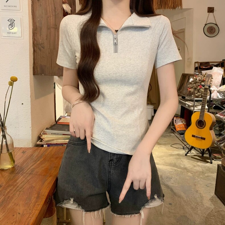 不规则高级感半拉链翻领短袖t恤女夏季新款修身鱼骨拼接polo衫女