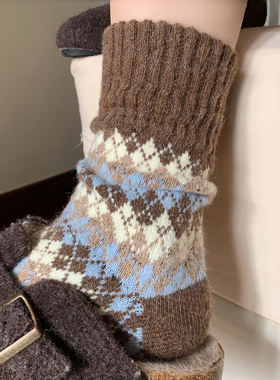 海盐焦糖~费尔岛拼色菱形袜袜美呆辣~复古高级~袜子女秋冬羊毛厚