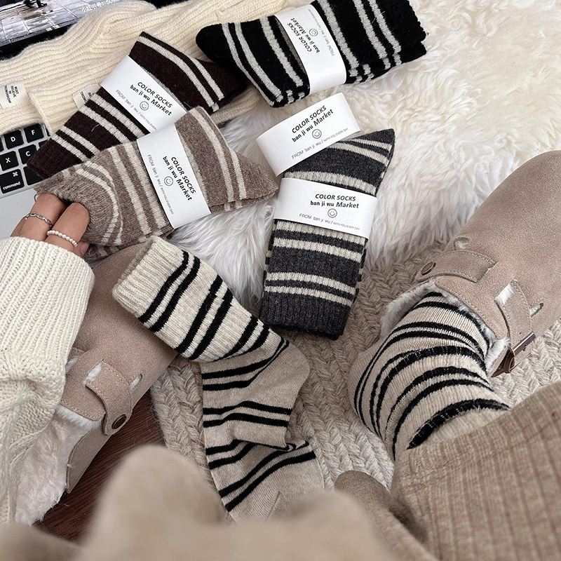 boom bomb条纹羊毛女秋冬季加厚保暖中长ins韩系黑白色系可堆堆潮