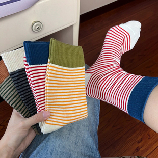 boombomb撞色罗口条纹袜子女秋冬韩国东大门女袜子棉袜休闲中筒袜