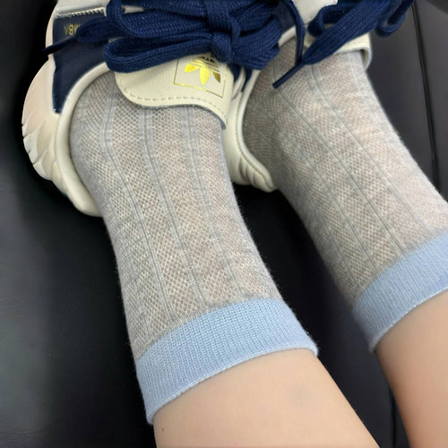 grey blue灰蓝~镂空网眼薄款袜子太美了！拼色透气袜子女无骨夏季