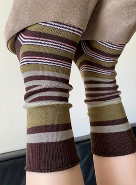 咖绿～好复古浓郁！这条纹配色太适合秋冬了！袜子女中筒堆堆日系