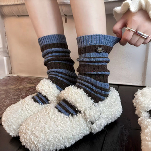 袜子女秋冬羊毛保暖好 egg小纽扣太绝了 秋冬复古小心机 点纱条纹