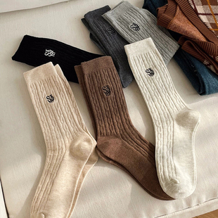 boom bomb袜子秋冬原创美拉德麻花刺绣中筒袜日系简约堆堆袜深色