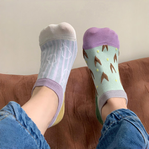 薄荷紫+芋泥条纹~撞色船袜真的好美啊~袜子女夏薄款透气不掉跟棉