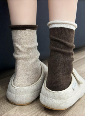 复古慵懒咖色系~卷边拼色羊毛也太爱了~好穿又好搭~袜子女秋冬厚