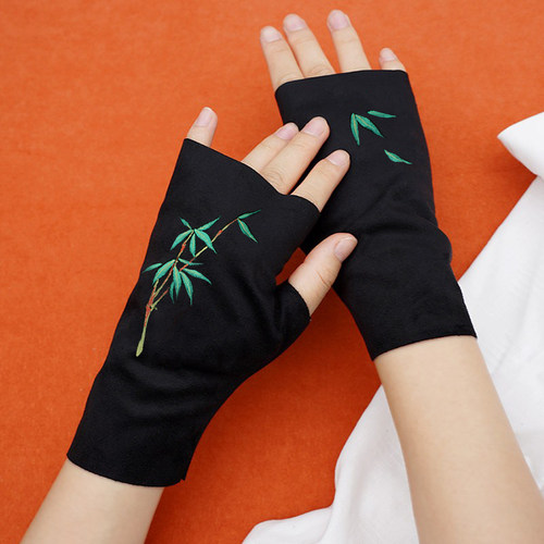 麂皮绒半连指女原创古风汉服手套