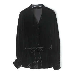 【夜色玫瑰】松弛老钱 V领真丝丝绒上衣黑色桑蚕丝长袖衬衫女秋冬