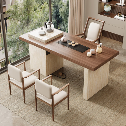 阳台岩板茶桌胡桃木纹色泡茶桌