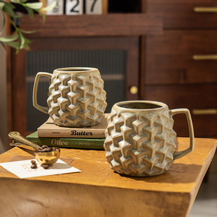 陶瓷大容量马克杯复古粗陶咖啡杯子高档精致拿铁杯设计感窑变水杯