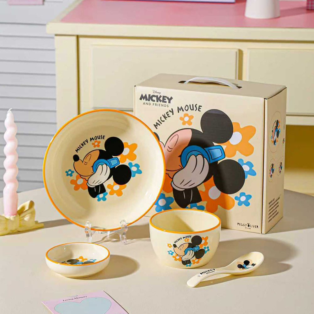 迪士尼陶瓷餐具儿童吃饭菜盘碟子喝汤碗勺一人食四件套可爱伴手礼